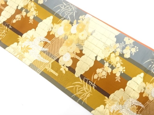 雲に橋・花模様織り出し　袋帯